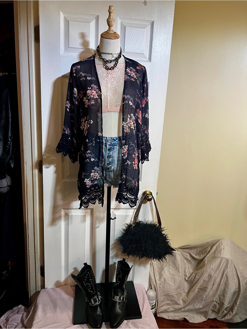Mason &Belle Wms Navy Blue Floral Sheer Crochet Trim Boho Festival Open Kimono S